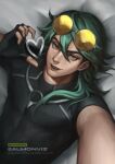  1boy abs black_shirt compression_shirt eyewear_on_head ezreal glasses green_hair heart heart_hands heartsteel_(league_of_legends) heartsteel_ezreal highres league_of_legends lying mature_male non-web_source shirt solo white_background yellow_eyes 