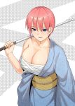  1girl absurdres blue_eyes blue_kimono breasts cleavage go-toubun_no_hanayome highres japanese_clothes jidaigeki katana kimono kosmos_beta large_breasts looking_at_viewer nakano_ichika obi off_shoulder pink_hair sarashi sash short_hair smile solo sword waraji weapon wide_sleeves 