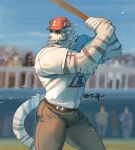  1boy animal_ears arknights artist_name bara baseball_bat baseball_cap baseball_stadium baseball_uniform blue_eyes brown_pants bulge chinese_commentary commentary_request cross_scar furry furry_male hat highres holding holding_baseball_bat male_focus mountain_(arknights) multiple_scars muscular muscular_male pants scar scar_across_eye scar_on_arm scar_on_cheek scar_on_face shirt sportswear tail tiger_boy tiger_ears tiger_stripes tiger_tail white_shirt zhengshizi 