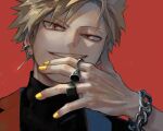  1boy bakugou_katsuki blonde_hair boku_no_hero_academia bracelet chain ear_piercing earrings grin highres jewelry male_focus piercing red_background red_eyes ring simple_background smile solo spiked_hair teeth turtleneck unou_(unou_mha) yellow_nails 