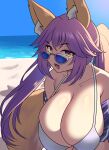  1girl animal_ear_fluff animal_ears beach bikini breasts cleavage collarbone fang fate/grand_order fate_(series) fox_ears fox_girl fox_tail highres huge_breasts jifuwabe long_hair looking_at_viewer ocean open_mouth outdoors pink_hair sand skin_fang solo split_ponytail sunglasses swimsuit tail tamamo_(fate) tamamo_no_mae_(fate/extra) yellow_eyes 