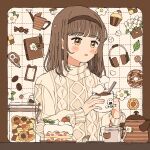  1girl blush brown_eyes brown_hair brown_hairband cake candle candy chamomile coffee coffee_beans coffee_mug cookie_jar cup eeppa_(eextupa0000) food hairband highres holding holding_cup kettle leaf looking_to_the_side medium_hair mug notebook open_mouth original signature solo spoon sprinkler sugar_cube sweater teabag turtleneck turtleneck_sweater unworn_headphones white_sweater 