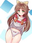  1girl ass_visible_through_thighs blush bow bow_panties brown_hair chou_tokkyu_hikarian closed_mouth clothes_lift commentary_request commission cougar_(cougar1404) cowboy_shot crotch_seam drawstring frown hair_bow hood hood_down hoodie kanda_minayo lifted_by_self long_hair looking_at_viewer open_clothes open_hoodie panties partial_commentary red_shirt shirt skeb_commission skirt skirt_lift sleeveless sleeveless_hoodie solo standing striped_clothes striped_shirt thigh_gap underwear white_panties white_skirt yellow_bow yellow_eyes 