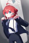  1girl absurdres ahoge black_necktie black_pants blue_archive blue_eyes collared_shirt cowboy_shot hair_between_eyes halo highres long_sleeves maki_(blue_archive) makolas97 necktie open_mouth pants red_hair shirt short_hair solo white_shirt 