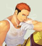  1boy bara bare_shoulders blue_eyes brown_hair cigar facial_hair gloves gyee itto_(mentaiko) long_sideburns looking_at_viewer male_focus mature_male muscular muscular_male orange_hair pants pectorals rand_(gyee) see-through shirt short_hair sideburns smile solo stubble tank_top undercut wet wet_clothes wet_shirt white_gloves white_tank_top yellow_pants 