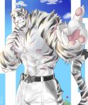  1boy abs absurdres animal_ears arknights bara blue_eyes blue_sky bulge claws cloud dhanisani english_commentary furry furry_male hand_on_own_chest highres looking_at_viewer male_focus mountain_(arknights) multiple_scars muscular muscular_male nipples pants pawpads pectorals scar scar_across_eye scar_on_arm scar_on_cheek scar_on_chest scar_on_face scar_on_stomach sky smile tail tiger_boy tiger_ears tiger_stripes tiger_tail topless_male white_pants 