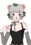  1girl :3 animal_ears animal_nose bare_shoulders black_camisole black_ribbon blush breasts camisole choker cleavage closed_mouth collarbone detached_sleeves grey_eyes grey_hair grey_ribbon grey_sleeves hair_ribbon hair_rings hand_up highres jewelry looking_to_the_side medium_breasts midriff_peek mizu&#039;24 mode_aim multiple_rings ponpoko_(vtuber) raccoon_ears raccoon_girl ribbon ribbon_choker ring see-through see-through_sleeves short_hair simple_background solo spaghetti_strap tongue tongue_out upper_body 