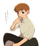  1boy biting black_eyes black_pants brown_hair chilchuck_tims coin collared_shirt dungeon_meshi feet_out_of_frame highres looking_at_viewer male_focus pants sansai_100 shirt short_hair simple_background sitting sleeves_rolled_up solo translation_request white_background white_shirt 