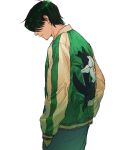  1boy alternate_costume blue_pants covered_eyes cowboy_shot facial_hair facing_down floral_print from_side goatee_stubble green_hair green_jacket hacchi_(napoli_no_otokotachi) hair_over_eyes hands_in_pockets highres jacket long_sleeves male_focus napoli_no_otokotachi nasubinonono pants parted_lips profile short_hair simple_background solo standing stubble sukajan white_background white_sleeves 