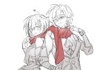  1boy 1girl aventurine_(honkai:_star_rail) blush gloves greyscale highres honkai:_star_rail honkai_(series) jacket linx2! monochrome multicolored_hair necktie open_mouth red_scarf scarf shared_clothes shared_scarf short_hair simple_background smile spot_color streaked_hair topaz_(honkai:_star_rail) upper_body 
