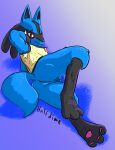 absurd_res anthro armpit_tuft black_body black_fur black_legs blue_body blue_fur blush breasts butt canid canine canis clitoris feet female fur generation_4_pokemon genitals half_dime hi_res jackal lucario lying mammal nervous_smile nintendo nipples on_side pawpads pink_nipples pink_pawpads pokemon pokemon_(species) presenting presenting_hindquarters pussy raised_arm raised_leg red_eyes smile smiling_at_viewer solo solo_focus tail toes yellow_body yellow_fur