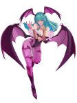  1girl abs absurdres animal_print bat_print black_footwear black_leotard blunt_bangs boots breasts bridal_gauntlets capcom clothing_cutout demon_girl fang full_body green_hair head_wings heart heart-shaped_pupils heart_cutout highres kunimaki large_breasts leotard looking_at_viewer morrigan_aensland open_mouth pantyhose pink_nails print_pantyhose purple_pantyhose red_eyes simple_background smile solo strapless strapless_leotard symbol-shaped_pupils vampire_(game) white_background wings 