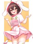  1girl :d ahoge animal_ears blush brown_eyes brown_hair commentary_request cowboy_shot dress floppy_ears hair_between_eyes hands_up highres hood hood_up hooded_dress inaba_tewi kasoka_soka looking_at_viewer medium_bangs open_mouth orange_background pink_dress rabbit_ears rabbit_girl rabbit_tail short_hair short_sleeves skindentation smile solo tail thighhighs touhou touhou_gensou_eclipse two-tone_background white_background white_thighhighs 