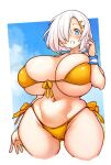  1girl ass_visible_through_thighs bikini blue_eyes blue_sky breasts cleavage grey_hair hair_ornament hair_over_one_eye hairpin hamakaze_(kancolle) huge_breasts kantai_collection medium_hair navel open_mouth sachito sky solo swimsuit yellow_bikini 