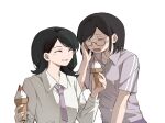  2girls black_hair blush character_request chinese_commentary collared_shirt commentary_request copyright_request food glass highres holding holding_ice_cream_cone ice_cream ice_cream_cone long_hair long_sleeves multiple_girls necktie open_mouth parted_lips purple_necktie purple_shirt shirt short_hair short_sleeves simple_background smile sweatdrop upper_body white_background white_shirt yanlingjinshilihuahua 