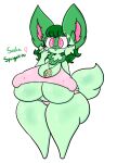 anthro big_breasts breasts clothing collar female generation_9_pokemon green_body green_hair hair hi_res huge_breasts lewdchuu_(artist) nintendo pink_eyes pokemon pokemon_(species) short_stack simple_background solo sprigatito tail thick_thighs topwear underwear white_background