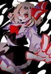  1girl absurdres ascot black_vest blonde_hair darkness hair_ribbon highres limited_palette outstretched_arms red_ascot red_eyes ribbon rumia short_hair skirt skirt_set solo spread_arms touhou uouofishtown vest 