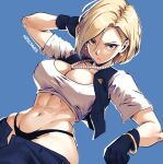  1girl android_18 artist_name black_gloves black_panties blonde_hair blue_background blue_eyes blue_pants blue_vest breasts cleavage crop_top dragon_ball dragon_ball_z earrings gloves hair_between_eyes jewelry looking_at_viewer midriff miss_faves muscular necklace panties pants puffy_short_sleeves puffy_sleeves shirt short_hair short_sleeves solo underwear vest white_shirt 