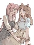  2girls animal_ears bang_dream! bang_dream!_it&#039;s_mygo!!!!! black_choker blue_eyes blue_shirt blush bright_pupils brown_hair brown_skirt cat_ears cat_girl cat_tail chihaya_anon chinese_commentary choker commentary_request dog_ears dog_girl dog_tail dress fang grey_dress hand_on_another&#039;s_thigh highres jewelry long_hair long_sleeves looking_at_another multiple_girls nagasaki_soyo necklace open_mouth parted_lips pink_hair shirt shirt_tucked_in short_sleeves simple_background skirt tail white_background white_pupils white_shirt yanlingjinshilihuahua yuri 