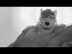  1boy animal_ears bara echo_project furry furry_male gradient_background grey_background halo highres kane_(the_smoke_room) looking_at_viewer male_focus pectorals smile solomon_(solosolosolomon) the_smoke_room topless_male upper_body whiskers wolf_boy wolf_ears 