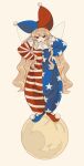  1girl absurdres american_flag american_flag_legwear aru_(pixiv_86071824) balancing buttons closed_mouth clownpiece frilled_shirt_collar frills full_body full_moon hand_on_own_hip hat highres jester jester_cap long_hair looking_at_viewer moon pom_pom_(clothes) puffy_pants red_eyes sidelocks simple_background solo standing star_(symbol) touhou yellow_background 