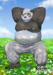 2024 anthro bear belly big_belly black_body black_nose blush bottomwear clothing cloud detailed_background flower giant_panda hi_res kemono male mammal maron2475 moobs navel nipples outside overweight overweight_male pants plant solo white_body