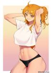  1girl absurdres arm_tattoo arms_behind_head arms_up artist_name ass black_panties border breasts english_commentary grin hand_in_own_hair highres large_breasts light_blush long_hair looking_at_viewer nami_(one_piece) navel one_piece orange_eyes orange_hair panties shirt short_sleeves shouroro smile solo tattoo thick_thighs thighs underwear white_shirt 