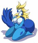 anthro big_breasts blue_body breasts broncherry_aqua featureless_breasts female hi_res looking_at_viewer nude pal_(species) palworld pocketpair simple_background solo tail tierafoxglove white_background