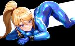  1girl all_fours ass blonde_hair blue_bodysuit blue_eyes blush bodysuit breasts closed_mouth hair_between_eyes highres large_breasts long_hair looking_at_viewer metroid ponytail samus_aran sidelocks solo thighs top-down_bottom-up volyz zero_suit 