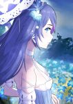  1girl bare_shoulders bird_hair_ornament blue_eyes blue_flower blue_hair blue_sky breasts closed_mouth dress earrings flower from_side fu_hua fu_hua_(azure_empyrea) fu_hua_(cerulean_court) grass grey_hair hair_ornament hair_over_one_eye halter_dress halterneck highres holding holding_umbrella honkai_(series) honkai_impact_3rd honkaigwen jewelry leaf long_hair looking_at_viewer medium_breasts multicolored_clothes multicolored_dress official_alternate_costume shadow sky sleeveless sleeveless_dress solo umbrella wedding_dress white_dress 