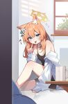  1girl absurdres animal_ear_fluff animal_ears black_camisole blue_archive blue_eyes blush breasts camisole cat_ears coffee_mug cup flower hair_between_eyes hair_flower hair_ornament halo highres long_hair looking_at_viewer mari_(blue_archive) mug muo_(muojjang_0929) open_clothes open_shirt orange_hair shirt sleeves_past_wrists small_breasts solo tongue tongue_out white_flower white_shirt yellow_halo 