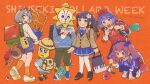  2boys 4girls :3 :o aged_down alternate_costume animal_ears animal_nose aoi_ch. aonori_maeba backpack bag black_bag black_eyes blazer blue_bow blue_bowtie blue_eyes blue_hoodie blue_shirt blue_skirt blunt_bangs blush book bow bowtie briefcase brown_jacket card child colored_skin colored_tips eraser flower flower_pot fuji_aoi glasses grey_eyes grey_hair grin hair_bow hair_flower hair_ornament hairband half-closed_eyes hat heel_up highres holding holding_bag holding_book holding_card holding_flower_pot holding_stick hood hood_down hoodie instrument_case jacket kikunojo_(fuji_aoi) kindergarten_uniform leaf leaf_on_head loafers long_hair long_sleeves looking_back mini_hat mode_aim mole mole_under_eye multicolored_hair multiple_boys multiple_girls multiple_hair_bows omega_rei omega_rio omega_sisters on_one_knee open_bag open_mouth orange_background orange_socks pants peanuts-kun pencil pencil_case plaid plaid_shorts pleated_skirt poking ponpoko_(vtuber) ponytail poop purple_bow purple_hair purple_pants purple_shirt purple_skirt raccoon_ears raccoon_girl raccoon_tail randoseru reading red_bag red_bow red_hairband red_shirt round_eyewear school_briefcase school_hat school_uniform shirt shoes short_hair shorts siblings simple_background sisters skirt smile sneakers socks spilling standing stick striped_bow striped_bowtie striped_clothes tail thighhighs trading_card trellis twintails white_shirt white_thighhighs wide-eyed yellow_skin yu-gi-oh! 