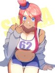  1girl :p alternate_costume arm_support blue_eyes breasts cleavage commentary_request hair_ornament hair_scrunchie hand_up highres index_finger_raised kana_(kanna_runa0620) looking_at_viewer navel one_side_up pink_hair pokemon pokemon_bw scrunchie shirt short_hair_with_long_locks shorts sidelocks signature sitting skyla_(pokemon) sleeveless sleeveless_shirt solo tongue tongue_out 