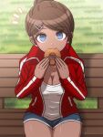  1girl :3 asahina_aoi bench blue_eyes breasts brown_hair cleavage danganronpa:_trigger_happy_havoc danganronpa_(series) dark-skinned_female dark_skin doughnut eating food grass green_shorts hair_ornament hairclip jacket large_breasts long_sleeves notice_lines open_clothes open_jacket outdoors red_jacket shiny_skin shirt shorts smile solo suiren_yurei white_shirt 