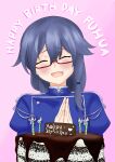  birthday_cake blue_eyes blue_hair blush cake candle character_name chinese_clothes chocolate chocolate_cake closed_eyes fire food fu_hua fu_hua_(valkyrie_accipiter) glasses grey_hair hair_between_eyes happy happy_birthday heart highres honkai_(series) honkai_impact_3rd juliet_sleeves long_hair long_sleeves low-tied_long_hair low_ponytail open_mouth own_hands_together pink_background ponytail puffy_sleeves simple_background sirway 