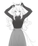  1girl adjusting_clothes adjusting_headwear animal_ear_fluff animal_ears arknights arms_up avi_(baltika_seven) blemishine_(arknights) closed_mouth commentary english_commentary gloves greyscale horse_ears horse_girl horse_tail long_hair monochrome shirt simple_background skirt smile solo tail very_long_hair white_background 