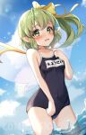  1girl black_one-piece_swimsuit blush breasts collarbone covered_navel cowboy_shot daiyousei day fairy fairy_wings green_eyes green_hair highres long_hair looking_at_viewer name_tag one-piece_swimsuit open_mouth outdoors pointy_ears school_swimsuit side_ponytail small_breasts solo swimsuit touhou water watermark wheat_retzel wings 