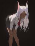  1girl absurdres animal_ears artist_name bare_legs black_background black_skirt boku_no_hero_academia breasts dark-skinned_female dark_skin feet_out_of_frame hands_on_own_knees hanging_breasts highres izei1337 leaning_forward light_particles long_eyelashes long_hair looking_at_viewer medium_breasts mirko neckerchief parted_lips pleated_skirt rabbit_ears rabbit_girl red_eyes red_neckerchief school_uniform shirt skirt solo white_hair white_shirt 