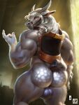 anthro anthrofied backsack balls big_muscles bridle bubble_butt butt elden_ring equid equine fromsoftware fur genitals grey_body grey_fur hair hi_res horn horse looking_at_viewer looking_back looking_back_at_viewer male mammal muscular muscular_anthro muscular_male nexus rear_view saddle solo standing tail torrent_(elden_ring) white_hair