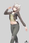  1girl absurdres alternate_costume animal_ears artist_name breasts brown_eyes brown_jacket brown_shirt closed_mouth collarbone commentary crop_top english_commentary feet_out_of_frame fur-trimmed_jacket fur_trim grey_background grey_hair grey_pants head_tilt highres jacket knee_pads looking_at_viewer midriff mio_(xenoblade) navel open_clothes open_jacket pants shirt short_hair simple_background small_breasts smile solo v xenoblade_chronicles_(series) xenoblade_chronicles_3 zambonito 