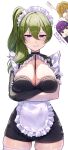  1boy 2girls :t alternate_costume apron arm_garter between_breasts black_dress blonde_hair breasts closed_mouth crossed_arms dress eating enmaided fern_(sousou_no_frieren) frilled_apron frills gloves green_hair hair_between_eyes highres land_(sousou_no_frieren) large_breasts long_hair looking_at_viewer maid maid_apron maid_headdress multiple_girls natsu08kankitsu purple_eyes purple_hair short_hair side_ponytail single_glove skindentation sleeveless sleeveless_dress smile sousou_no_frieren thighhighs thumbs_up translation_request ubel_(sousou_no_frieren) waist_apron white_apron white_background white_thighhighs yami_anko 