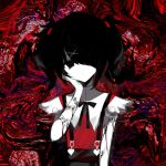  1girl ame-chan_(needy_girl_overdose) black_hair black_ribbon black_skirt blank_eyes bleeding blood collared_shirt colored_skin distortion expressionless hair_ornament hair_over_one_eye hand_on_own_cheek hand_on_own_face hand_up long_hair looking_at_viewer musical_note neck_ribbon needy_girl_overdose nyo_(nyawan054) red_background red_shirt ribbon self-harm shirt skirt solo staff_(music) suspender_skirt suspenders twintails upper_body white_skin wrist_cutting x_hair_ornament 