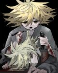  1boy black_background blonde_hair blood blood_on_arm blood_on_hands blood_on_weapon dark_persona frill_inferno grey_shirt hair_between_eyes highres horror_(theme) male_focus messy_hair pppppp self-cannibalism shirt sonoda_lucky symbol-shaped_pupils weapon 