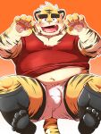 2023 3:4 anthro belly big_belly blush bottomwear bulge clothing felid hi_res humanoid_hands kemono male mammal mohumohudansi overweight overweight_male pantherine shirt shorts solo tiger topwear