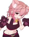  absurdres animal_ear_fluff animal_ears animal_hands bare_shoulders blush breasts cat_day cat_ears cat_paws english_commentary fake_animal_ears fake_claws fang glint gloves hair_between_eyes halo hdukl highres medium_hair midriff navel nijisanji nijisanji_en open_mouth paw_gloves paw_pose pink_hair plant red_eyes rosemi_lovelock rosemi_lovelock_(4th_costume) simple_background skin_fang small_breasts stomach sweatdrop thorns vines white_background 