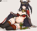  1girl absurdres antlers bell bikini black_hair boots breasts bridal_gauntlets cape cape_lift christmas christmas_ornaments cleavage fake_antlers fire_emblem fire_emblem_awakening fire_emblem_heroes fur-trimmed_panties fur_cape fur_trim grey_background grey_eyes groin hayato_stuff highres horns large_breasts long_hair looking_at_viewer navel official_alternate_costume panties reindeer_antlers reindeer_hair_ornament santa_bikini simple_background smile solo swimsuit tharja_(fire_emblem) tharja_(winter)_(fire_emblem) thighhighs thighhighs_under_boots tiara underwear 