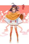  1girl absurdres ahoge bird black_hair blue_eyes branch bright_pupils cape china_dress chinese_clothes dress flats flower frilled_cape full_body hair_flower hair_ornament highres looking_at_viewer one_side_up orange_background orange_cape orange_flower orange_thighhighs original round_eyewear short_hair sidelocks sleeves_past_fingers sleeves_past_wrists solo standing tassel thighhighs two-tone_background white_background white_dress white_footwear white_pupils wide_sleeves x_hair_ornament yuhezi zettai_ryouiki 