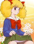  1girl blonde_hair bow character_request clothes_lift curly_hair flower haruyama_kazunori lips long_hair long_sleeves looking_at_viewer panties pleated_skirt red_bow retro_artstyle sailor_collar school_uniform serafuku skirt skirt_lift solo underwear white_panties 