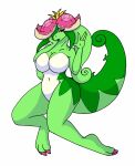 anthro breasts dinosaur dinossom elemental_creature featureless_breasts featureless_crotch female fingers flora_fauna green_body hi_res looking_at_viewer nude pal_(species) palworld plant pocketpair reptile scalie simple_background solo tail tierafoxglove white_background