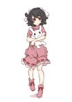  1girl absurdres animal animal_ears black_hair boots bow closed_mouth commentary_request cowlick floppy_ears footwear_bow frilled_skirt frills full_body highres holding holding_animal holding_rabbit inaba_mob_(touhou) inaba_tewi looking_at_viewer medium_bangs pink_footwear pink_shirt pink_skirt rabbit rabbit_ears rabbit_girl red_bow red_eyes ribbon-trimmed_skirt ribbon_trim shirt short_hair short_sleeves simple_background skirt smile solo touhou walking watanukimurama white_background 
